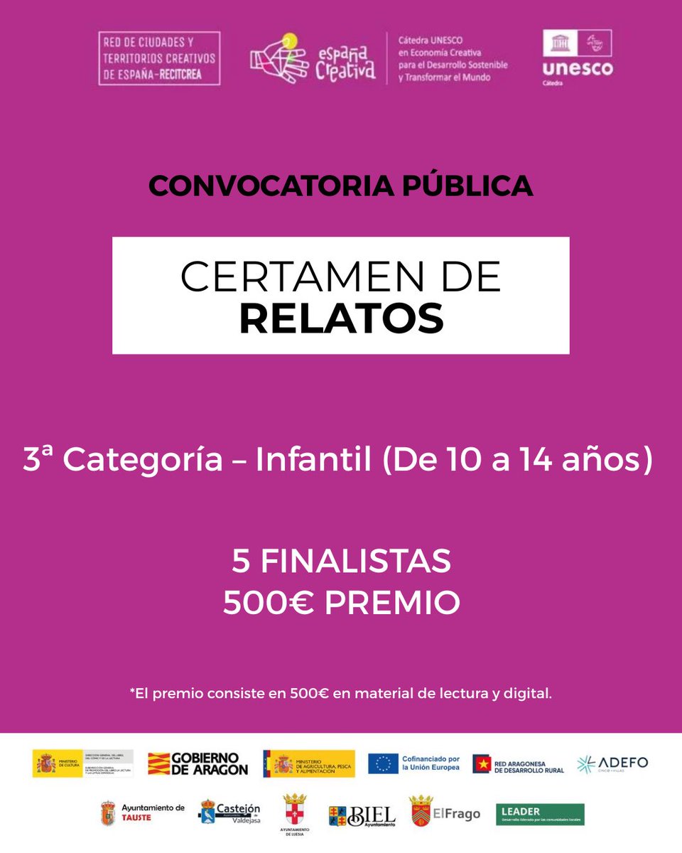 Abierta la convocatoria al Certamen de RELATOS del Festival 5 Noches Cinco Villas

✍️ Escribe sobre el mundo rural y participa

🏆 Premios en material de lectura y digital:
• +30: 1.000€
• 15-30: 1.000€
• 10-14: 500€

📅 Hasta el 20 Abril 2026

🌐 festival5nochescincovillas.es