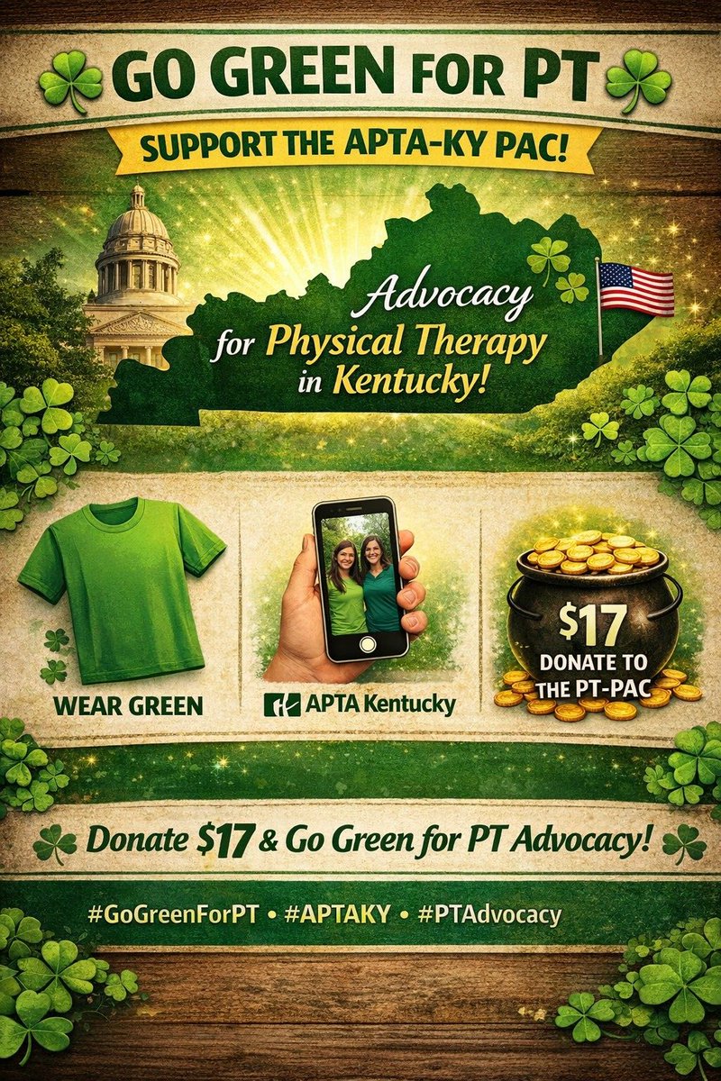 Happy St. Patrick’s Day!

Today is the perfect day to Go Green for PT Advocacy.

If every PT and PTA donated just $17, imagine the impact we could make for our profession.

How to participate today:
Wear green
Share a photo
Donate $17 to the PAC
cognitoforms.com/AgentisManagem…