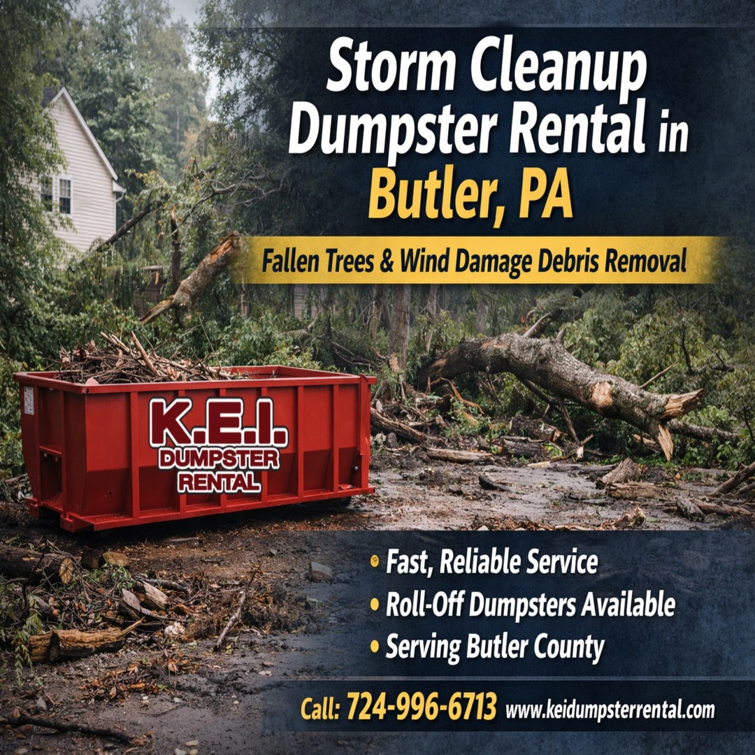 keirentdumpster's tweet image. Storm cleanup in Butler, PA?KEI Dumpster Rental can help. Recent winds left fallen trees, branches &amp;amp; debris across Butler County. A roll-off dumpster makes cleanup easy, delivered right to you.
keidumpsterrental.com/storm-cleanup-… 724-996-6713
 #DumpsterRental #KEIDumpsterRental #StormCleanup