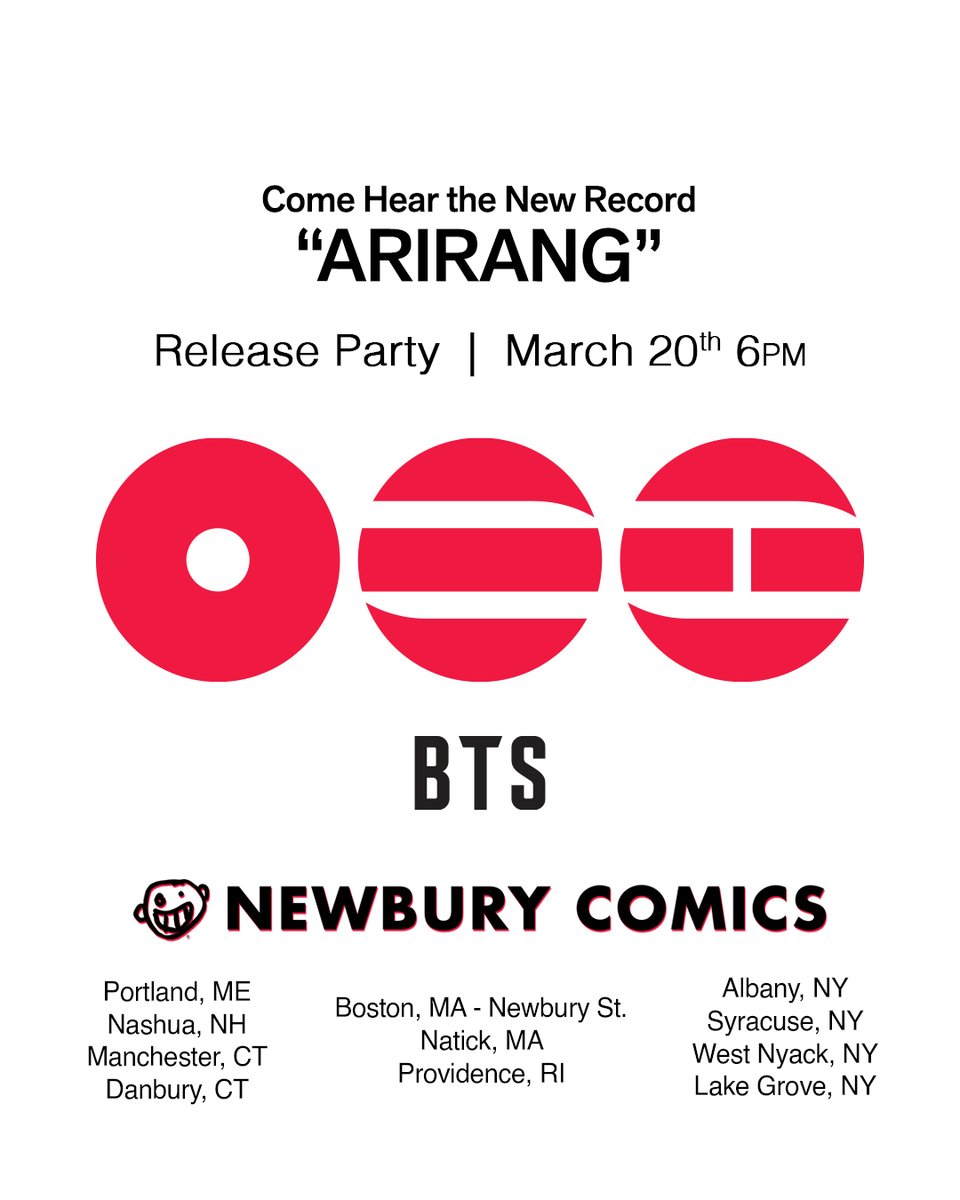 THIS FRIDAY 3/20: BTS Release Party at Newbury Comics🎵 Join us for a BTS listening party for the new album ARIRANG on 3/20 at 6pm! There will be giveaways, prizes, and a wicked good time! Giveaways available while supplies last.

newburycomics.com/blogs/events/b…