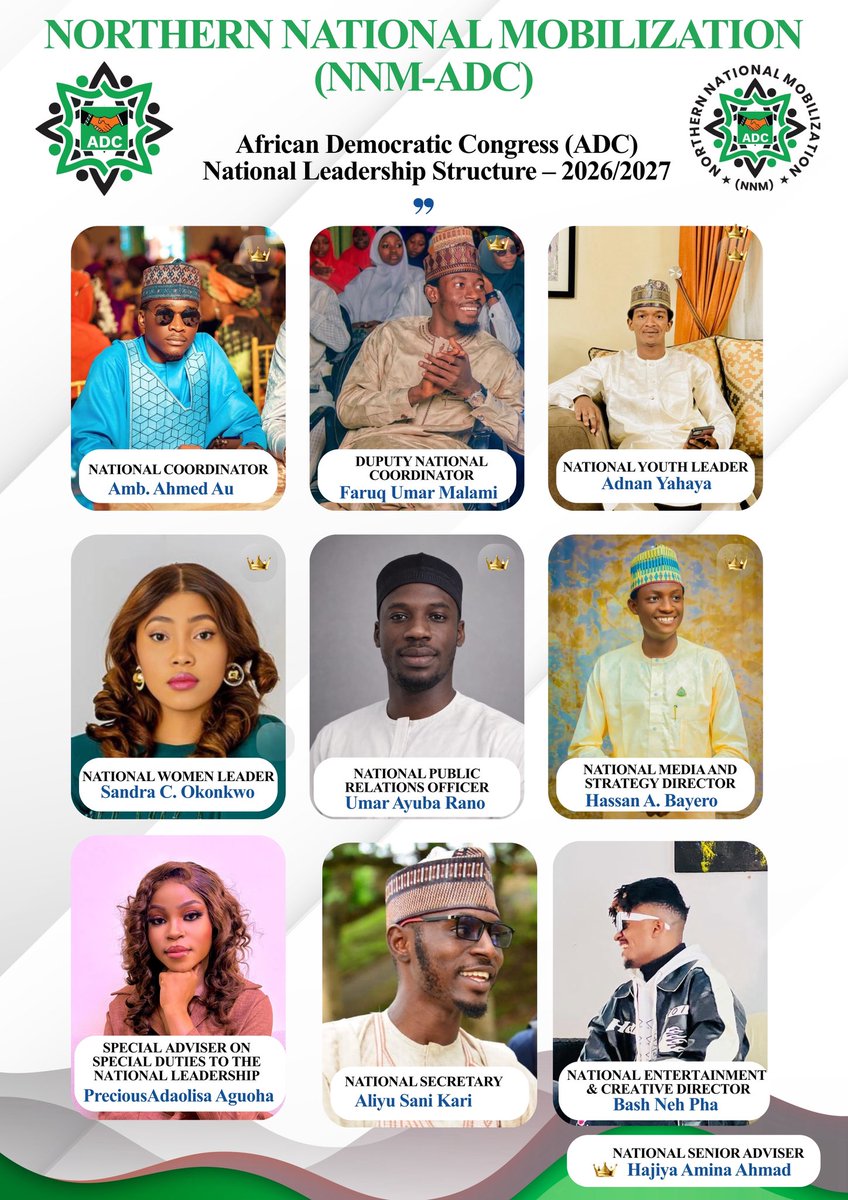 Ahmedumar___'s tweet photo. Northern National Mobilization (NNM) – ADC National leadership, NNM has successfully built structures across 19 states + FCT, including State, LGA, and Ward Coordinators. The movement has grown to over 1M members, making it one of the strongest grassroots movements within ADC. https://t.co/lU5JHQnEZz