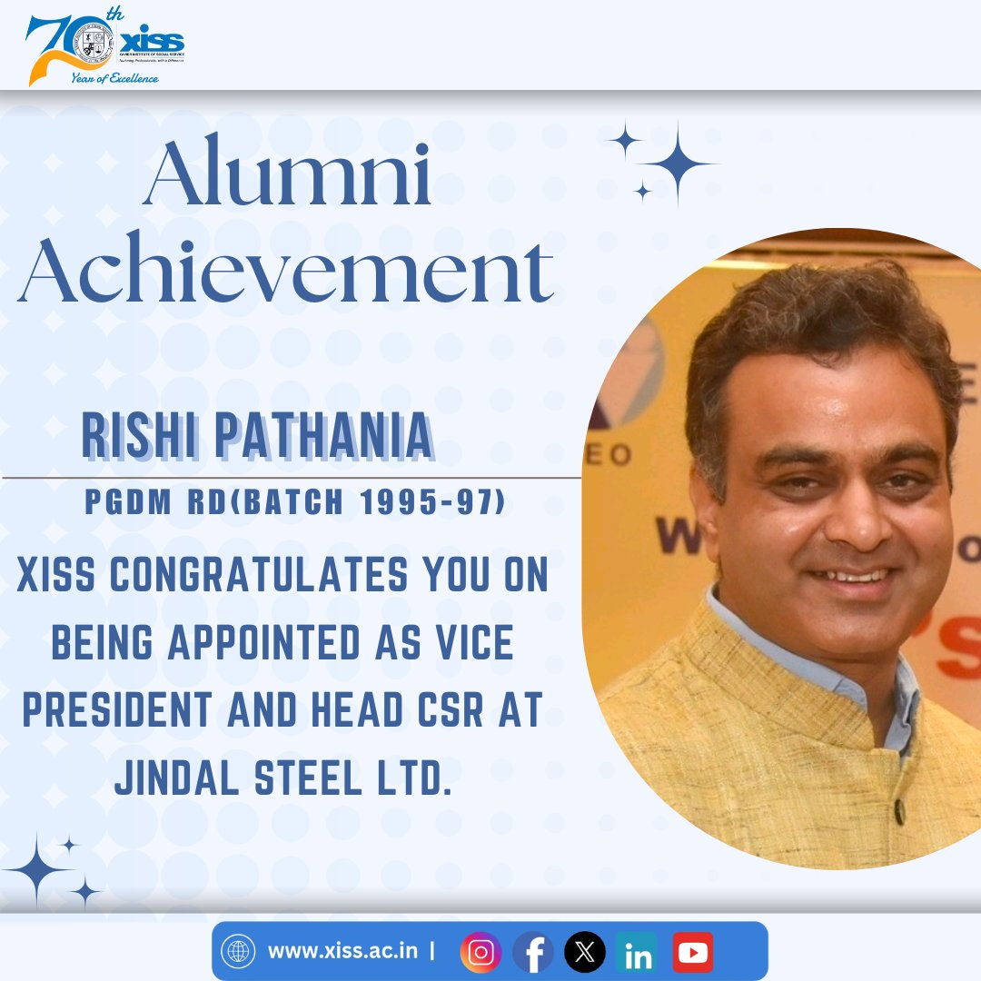 XISSRanchi's tweet image. It is with immense pleasure we share that @Mr Rishi Pathania, an #alumnus of PGDM-RD, Batch of 1995-97, has been appointed as Vice President and Head CSR at JINDAL STEEL LTD. #XISSRanchi congratulates and wishes him best in all future endeavours.
#XISSRanchi
#AlumniAchievements