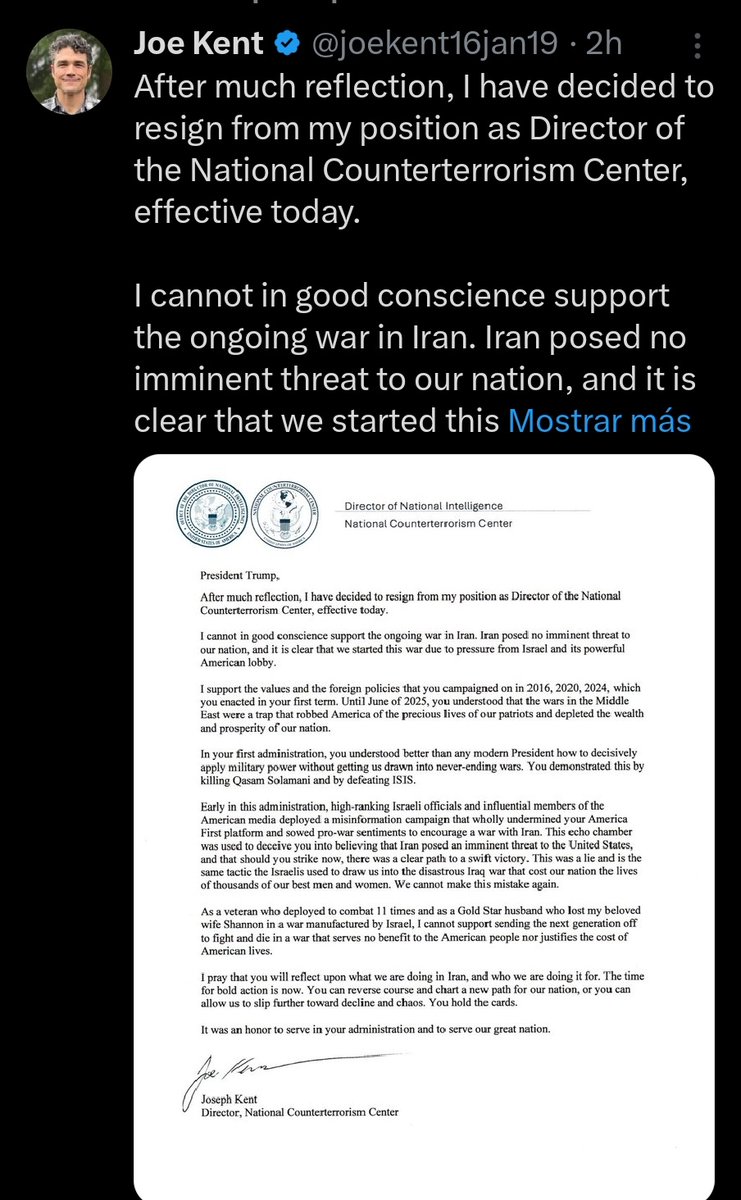A través de su cuenta en X, Joe Kent, director del Centro Nacional de Contraterrorismo en Estados Unidos, renunció a su puesto 

En su post, escribió que Irán "no representaba 'ninguna amenaza inminente para nuestra nación', y está claro que iniciamos esta guerra debido a la