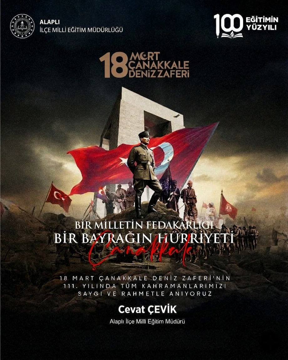 İlçe Millî Eğitim Müdürümüz Cevat ÇEVİK'in “18 Mart Çanakkale Zaferi ve Şehitleri Anma Günü” Mesajı🇹🇷 

''Çanakkale Zaferi, milletimizin bağımsızlık ve vatan sevgisi uğruna sergilediği eşsiz fedakârlığın en güçlü sembollerinden biridir. Çanakkale; inancın, cesaretin ve millet