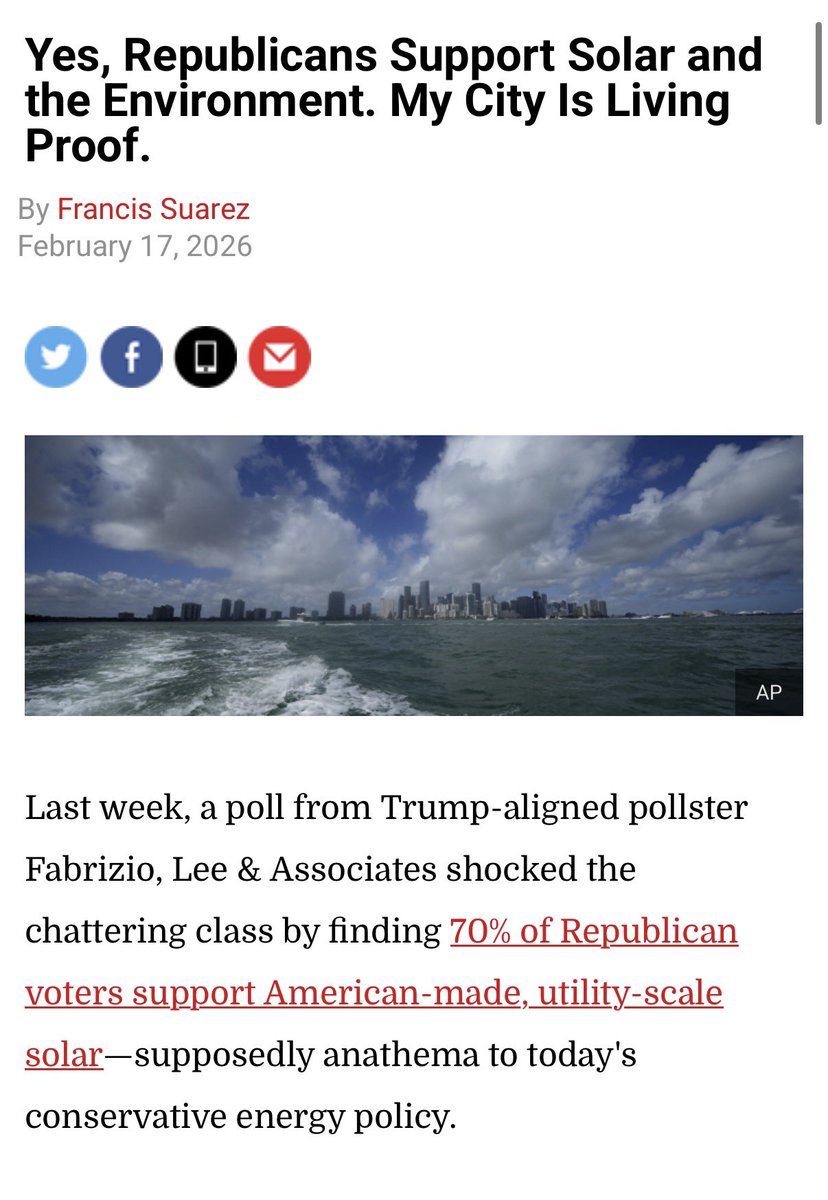 Appreciate Mayor Suarez’s leadership here.

Arbitrarily opposing certain types of energy, especially when it aligns well with the natural resources available, is obviously bad policy.

New polling shows it’s also bad politics on the Right as well.