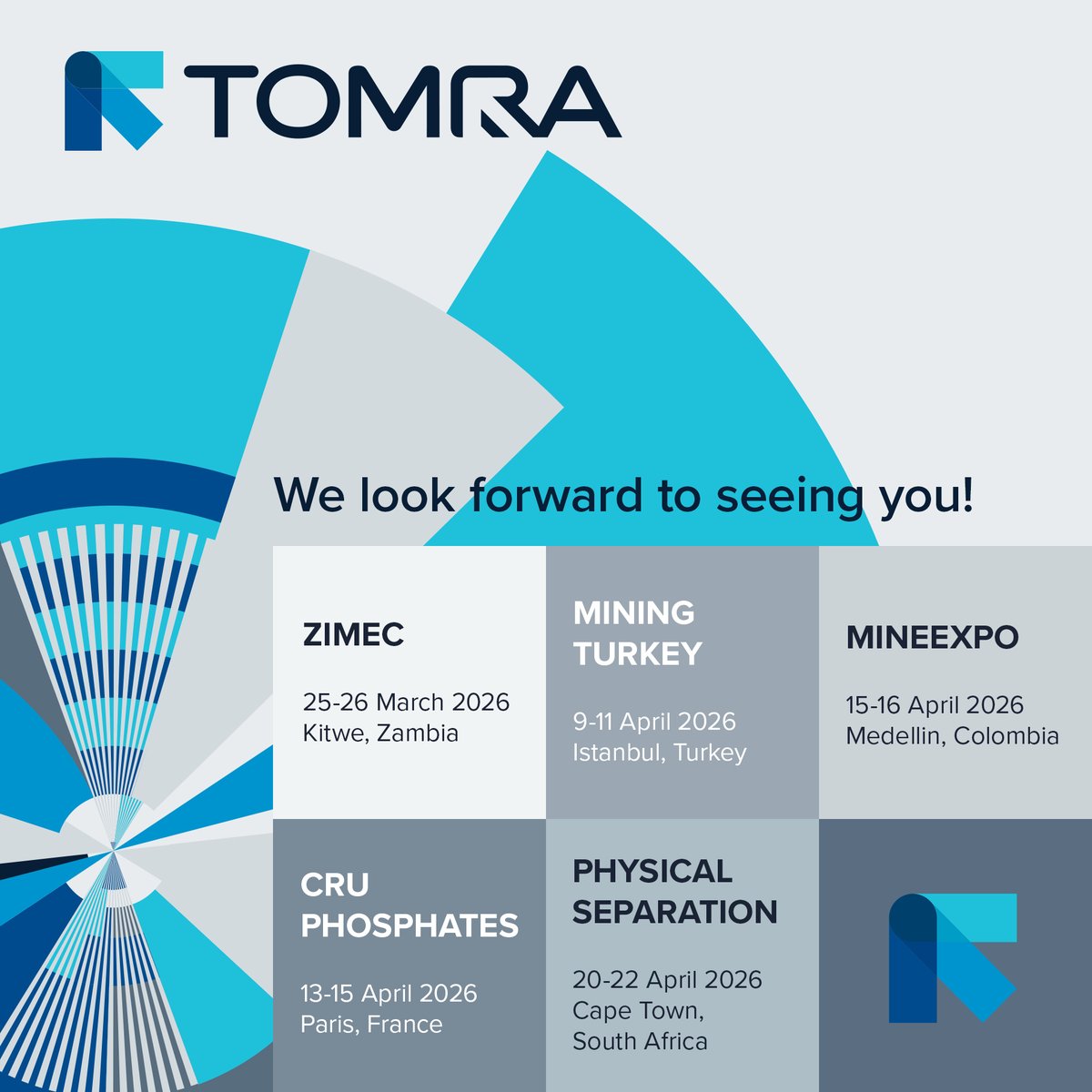 TOMRAMining's tweet image. 🌎Spring 2026 – busy season for #TOMRAMining ⛏️
Five events. Three continents. One conversation: how #SensorBasedSorting and #DeepLearning are helping mining operations unlock more value, earlier in the process.
We look forward to seeing you!
#MiningInnovation #AIinMining