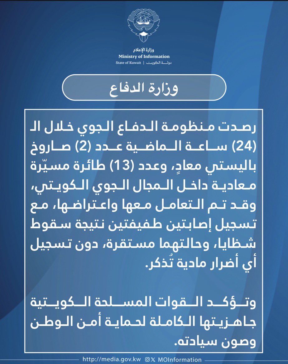 MOInformation's tweet photo. بيان رقم (33) من #وزارة_الدفاع

صادر عن المتحدث الرسمي لوزارة الدفاع
العقيد الركن سعود عبدالعزيز العطوان.
#وزارة_الاعلام_الكويت https://t.co/w3Y4ZsmvzC
