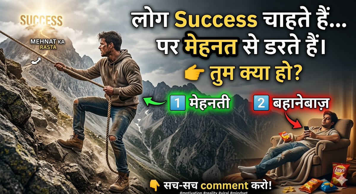 betterwith8pm's tweet photo. लोग Success चाहते हैं…
पर मेहनत से डरते हैं।
👉 तुम क्या हो?
1️⃣ मेहनती
2️⃣ बहानेबाज़
👇 सच-सच comment करो!
#motivation #reality #viral #mindset https://t.co/InSFotK7ac