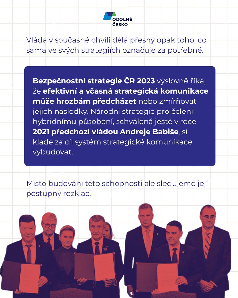 odolnecesko's tweet photo. Stát právě rezignoval na jednu ze svých základních bezpečnostních funkcí: schopnost mluvit s občany v krizi. Oznámení Ministerstva vnitra o rozpuštění týmu KRIT do běžného PR není „optimalizace“. Je to definitivní tečka za snahou vybudovat v Česku profesionální a na datech založenou strategickou komunikaci.

Proč je to problém pro nás všechny? Strategická komunikace (Stratcom) není „focení ministra na Instagram“. Je to odborná disciplína, která má v krizových situacích (jako byla tragédie na FF UK nebo dezinformační kampaně) udržet důvěru veřejnosti v instituce a zabránit šíření paniky.
Zatímco bezpečnostní dokumenty státu mluví o nutnosti Stratcom posilovat, realita roku 2026 je opačná. Po zrušení centrální koordinace na Úřadu vlády přicházíme i o expertní kapacity na resortech.

Až přijde další krize, nebudou ji řešit experti s daty, ale tiskoví mluvčí s politickým zadáním. A za tento rozdíl zaplatíme všichni.

Sdílejte, pokud souhlasíte, že bezpečnost státu začíná u srozumitelných informací. 🛡️