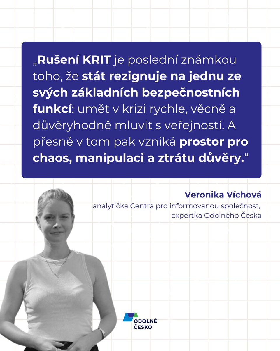 odolnecesko's tweet photo. Stát právě rezignoval na jednu ze svých základních bezpečnostních funkcí: schopnost mluvit s občany v krizi. Oznámení Ministerstva vnitra o rozpuštění týmu KRIT do běžného PR není „optimalizace“. Je to definitivní tečka za snahou vybudovat v Česku profesionální a na datech založenou strategickou komunikaci.

Proč je to problém pro nás všechny? Strategická komunikace (Stratcom) není „focení ministra na Instagram“. Je to odborná disciplína, která má v krizových situacích (jako byla tragédie na FF UK nebo dezinformační kampaně) udržet důvěru veřejnosti v instituce a zabránit šíření paniky.
Zatímco bezpečnostní dokumenty státu mluví o nutnosti Stratcom posilovat, realita roku 2026 je opačná. Po zrušení centrální koordinace na Úřadu vlády přicházíme i o expertní kapacity na resortech.

Až přijde další krize, nebudou ji řešit experti s daty, ale tiskoví mluvčí s politickým zadáním. A za tento rozdíl zaplatíme všichni.

Sdílejte, pokud souhlasíte, že bezpečnost státu začíná u srozumitelných informací. 🛡️