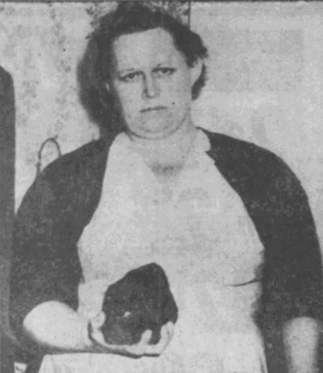 DrewFranklinKSR's tweet photo. Anne from Alabama holding the meteorite that hit her on her couch https://t.co/qJa54IVd5x