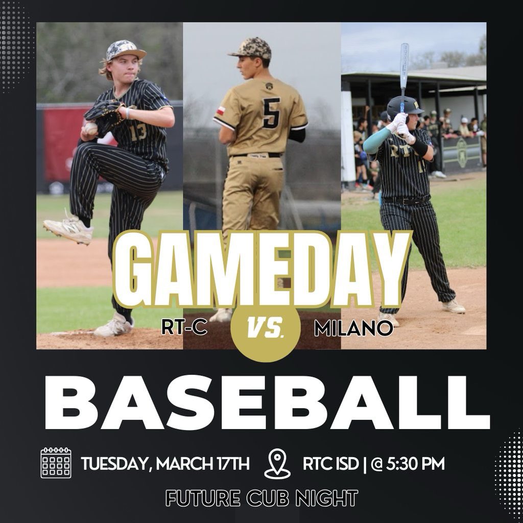 RTCISDAthletics's tweet image. The Cubs are back on the field tonight as RT-C takes on Milano!
📍 RTC ISD Field
⏰ First Pitch: 5:30
⏰ Future Cubs arrive 5:15
Tonight is also Future Cub Night!
Come out and support the Cubs and help us recognize the next generation of RTC athletes before the game.
Go Cubs! 🐾