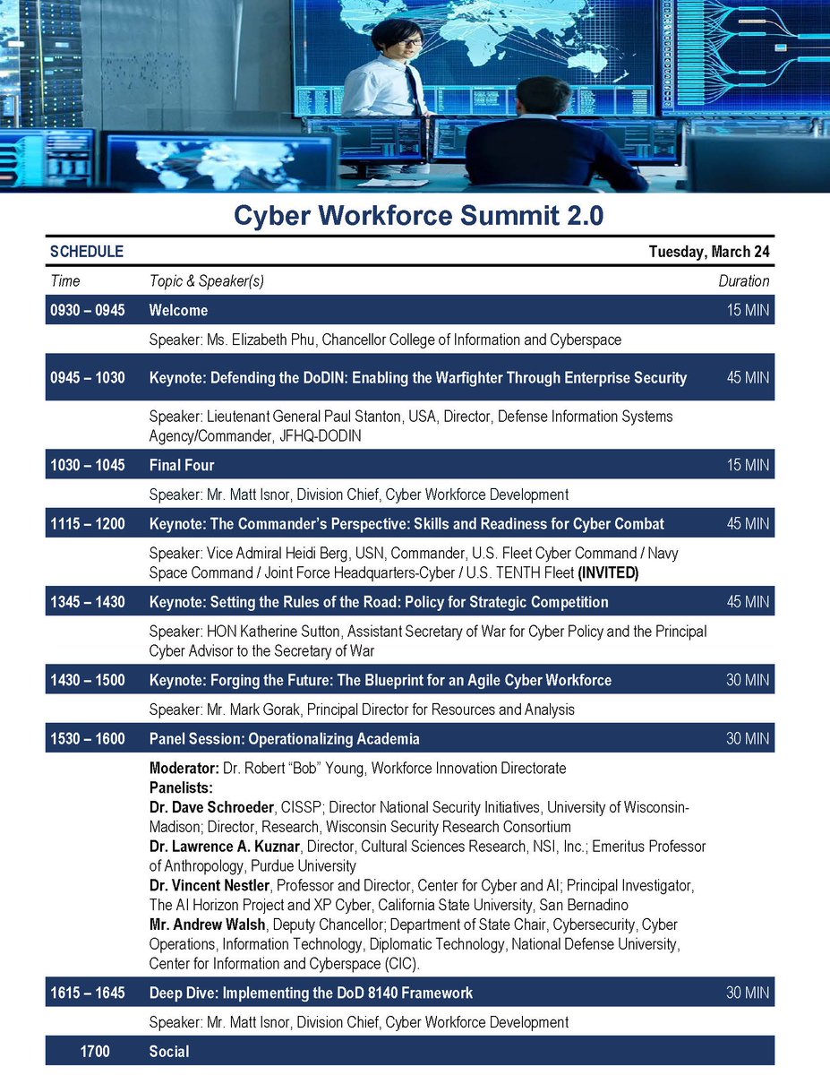 We are officially ONE WEEK away from Cyber Workforce Summit 2.0 (#CWS2.0)! Take a look at our event agenda, and thank you to our anticipated participants, and scheduled guest speakers, for making this Summit possible!

Please visit https://t.co/7VccjEYYOC to register and start https://t.co/TXCZA4vAC3