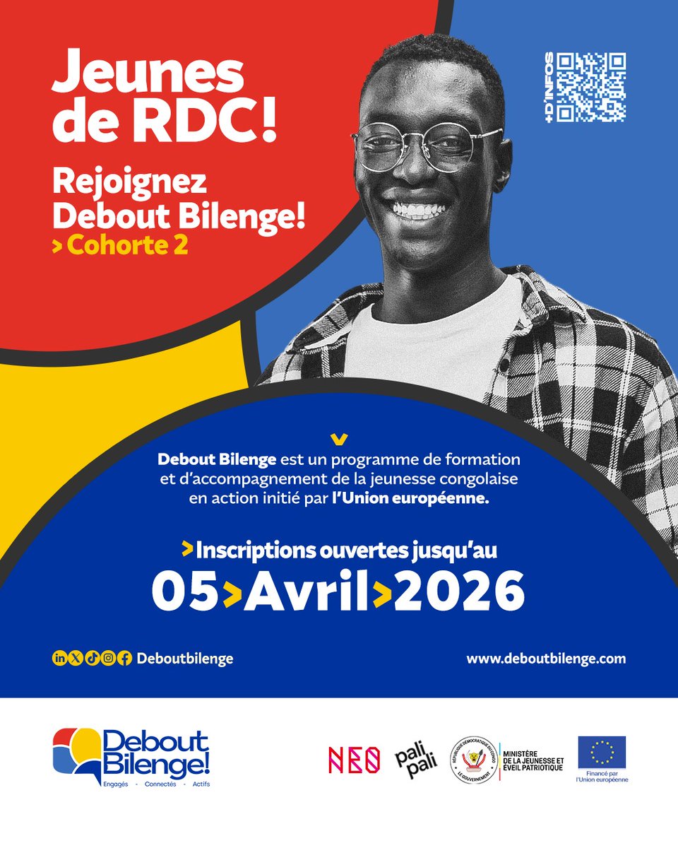 #DeboutBilenge : les inscriptions pour la cohorte 2 sont ouvertes jusqu'au 5 avril 2026. Rejoignez la plateforme de la jeunesse via ce lien 👉 allinks.click/DeboutBilenge2…