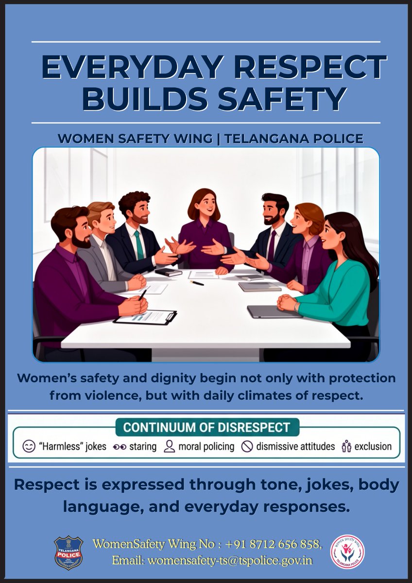 tg_womensafety's tweet photo. Respect is built in everyday moments. Jokes, silence, exclusion—none are harmless. Don’t defend intent, fix behavior. Women’s safety starts with respect. #RespectAtWork #StandWithHer @TelanganaCOPs
@hydcitypolice @cyberabadpolice @MalkajgiriCop https://t.co/m9TzgIvR0e