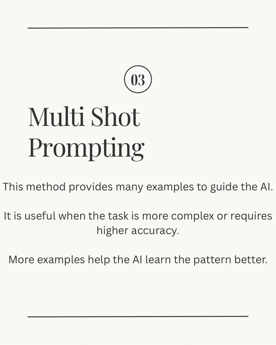 JaCreator's tweet photo. AI is powerful, but the way we ask questions matters.

In AI systems, the quality of the prompt often determines the quality of the response.

Understanding these prompting techniques can help you get more accurate, and useful outputs from AI systems. https://t.co/Ps3kSIsn9i