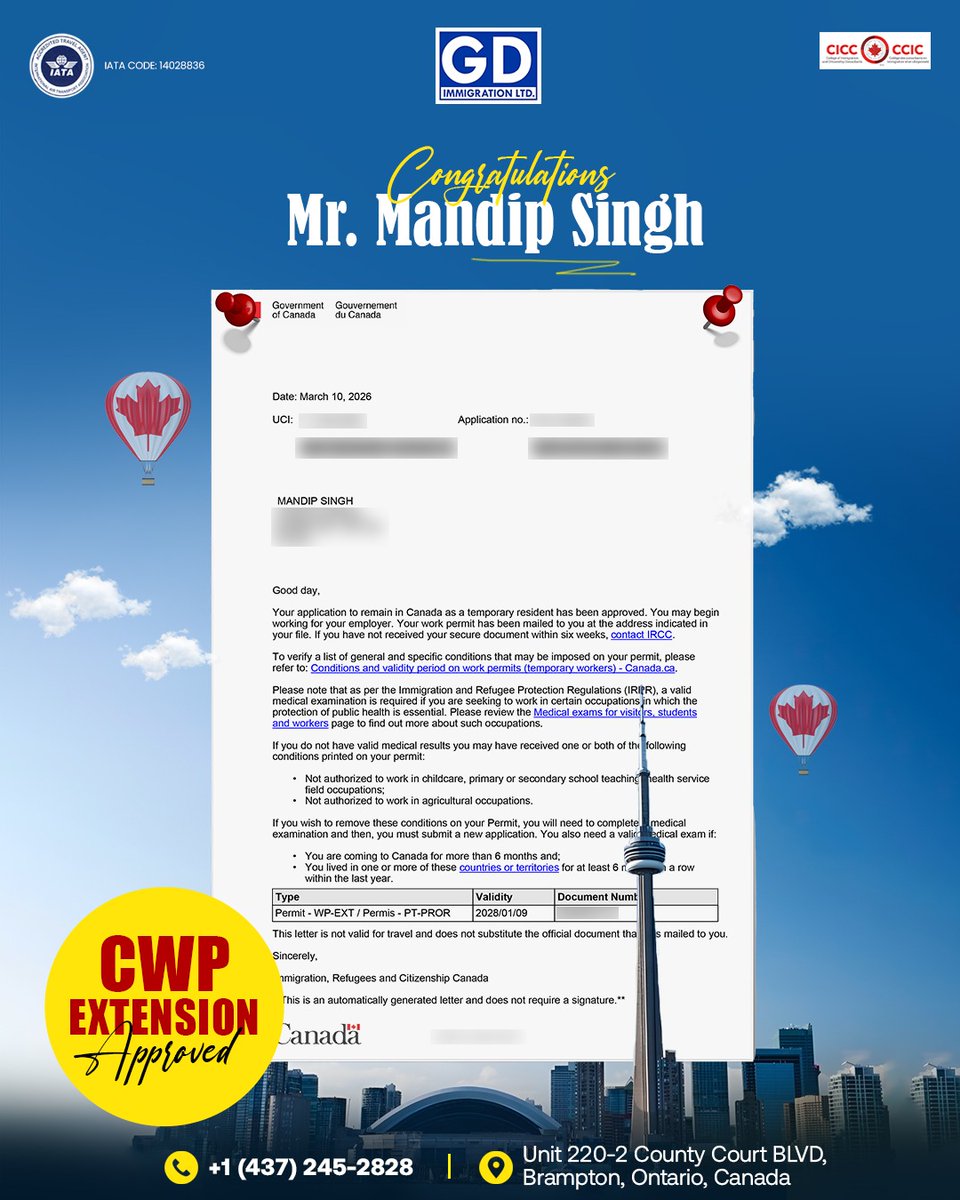 gurmilap27's tweet image. Congratulations to Mr. Mandip Singh on his CWP Extension approval for Canada!
Success stories like this are why we do what we do at GD Immigration.

Contact us today to begin your journey👇
📲+1 (437) 245-2828
.
.
.
#GDImmigration  #CanadaVisa #WorkPermitSuccess #CWPApproved