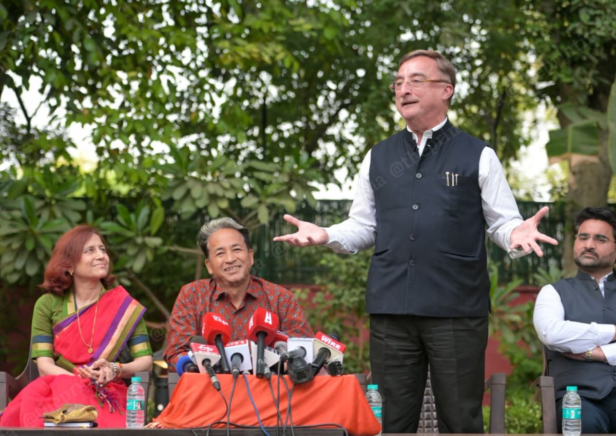Sonam Wangchuk along with his wife Gitanjali J. Angmo, addresses a press conference at Lodhi Estate in New Delhi on Tuesday.

“I feel wonderful today after these two days of regaining my voice and unfurling my little wings and reorienting myself…”

He added, “I’m a little greedy
