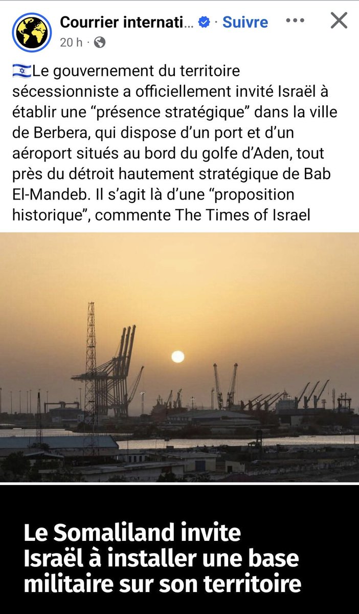 foziaaosman's tweet image. Mamulki gacaan libax or yuhudland,the Courrier International reported that the somaliland has given Israel permission to establish a military base in berbera.There is a risk of exporting  #Middle Eastern war to our region.@Abdirahmanirro is being irresponsible in this initiative