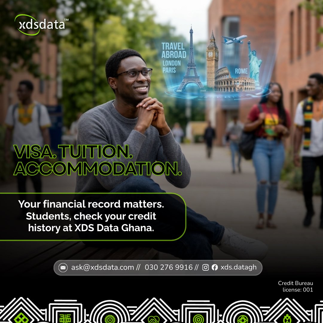 VISA. TUITION. ACCOMMODATION.

Your financial record matters.
Students, check your credit history at XDS Data Ghana.

#FastService 
#CreditReport
#XDSDataGhana