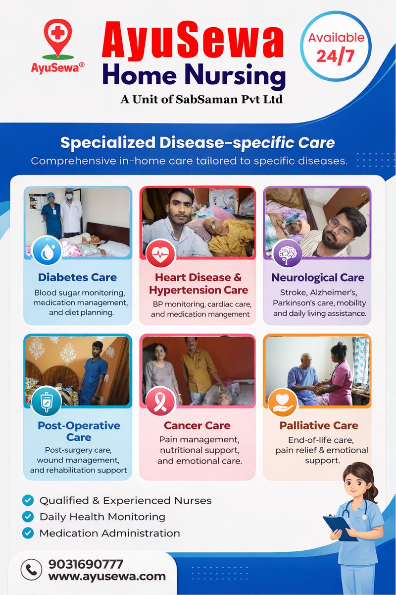 ayusewa's tweet photo. Specialised Disease-Specific Care

Comprehensive in-home care tailored to specific diseases

- Diabetes Care
- Heart Disease &amp; Hypertension Care
- Neurological Care
- Post-Operative Care
- Cancer Care
- Palliative Care

Dialling Us - 6204226954
Website - https://t.co/LQcZRNFYNN https://t.co/wtJ8U8JXet