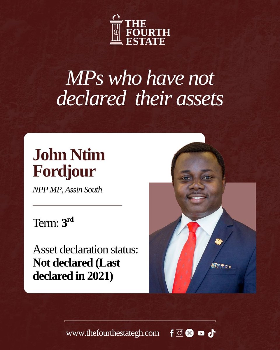 Former Education Minister and NPP presidential aspirant <a href="/yoadutwum/">Dr. Yaw Osei Adutwum</a> and his deputy <a href="/NtimFordjour/">John Ntim Fordjour MP</a> have still not declared their assets.
 
Read more: tinyurl.com/4x3phn7c