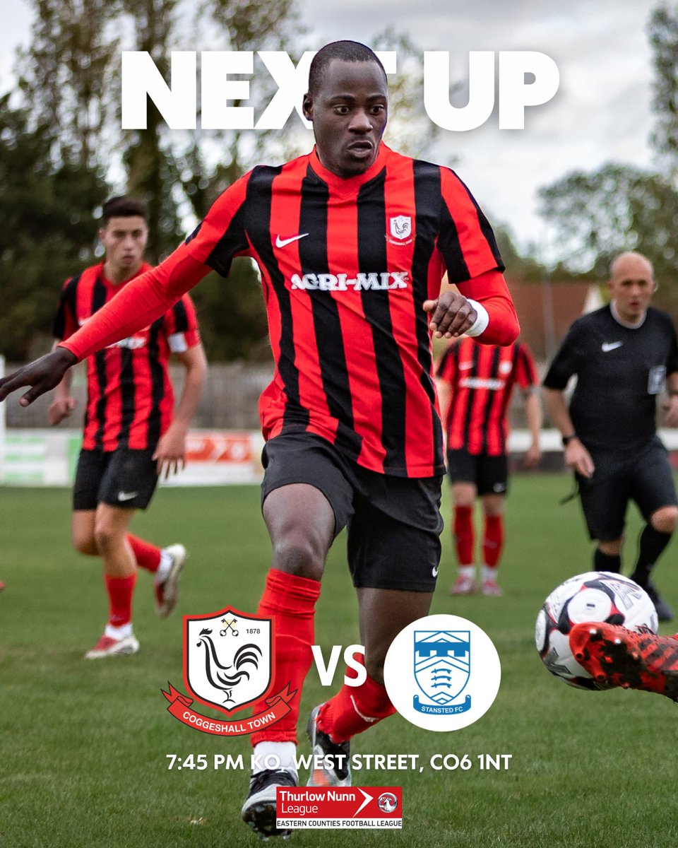 CoggeshallTown's tweet photo. 🔥 MATCHDAY 🔥

Tonight under the lights, we’re at home as Coggeshall take on 8th place @FCStansted 💥⚽️

📅 Tues 17th Feb
🕒 7:45 PM KO
📍 West Street, CO6 1NT
🎟️ Adults £8 | (65+) £5 | U16s £2

#Seedgrowers #CoggeshallTown https://t.co/WP6Jx96PvW