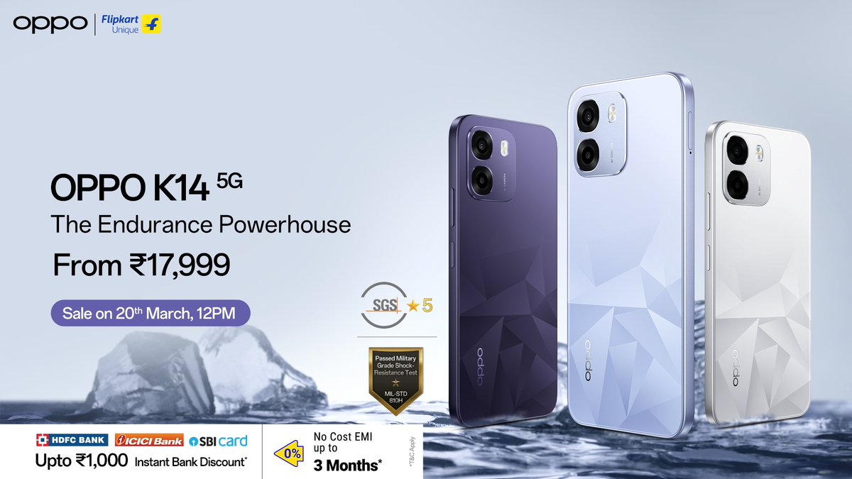Techie__anshu's tweet photo. I'm about to drop a new post featuring the OPPO K14 5G! 📱 This phone is an endurance powerhouse, starting at ₹17,999. The sale kicks off on March 20th at 12 PM. Plus, there's a bank discount up to ₹1,000! ✨ #OPPOK14 #NewPhone #oppoindia https://t.co/C3qBN119Xw