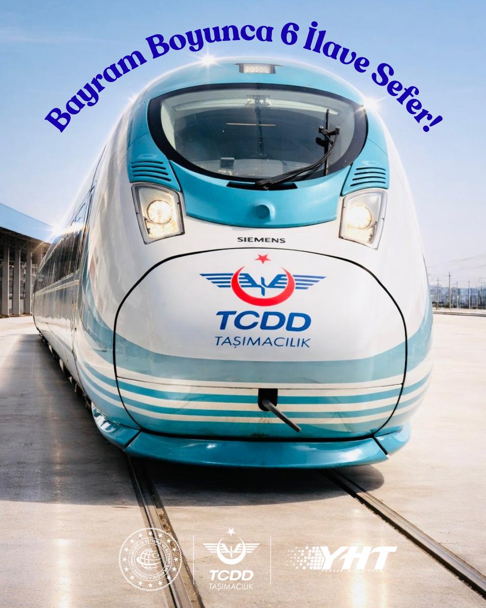 YHTTCDDTAS's tweet photo. Ramazan Bayramı’nda sevdiklerinize kavuşmanın hızlı ve konforlu yolu yine #YHT! 🚄✨

Artan yolcu talebini karşılamak amacıyla 19, 22 ve 23 Mart 2026 tarihlerinde,

💫6 ilave YHT seferi ile 
     Toplam 2 bin 898 kişilik ek kapasite artışı yapılmış,

💫Ankara’dan  saat 11.15,
       İstanbul’dan saat 17.45  
      hareketli biletler satışa sunulmuştur.

Bayramda da konforlu ve güvenli yolculukların adresi YHT ile sevdiklerinize kavuşun diye biz buradayız.