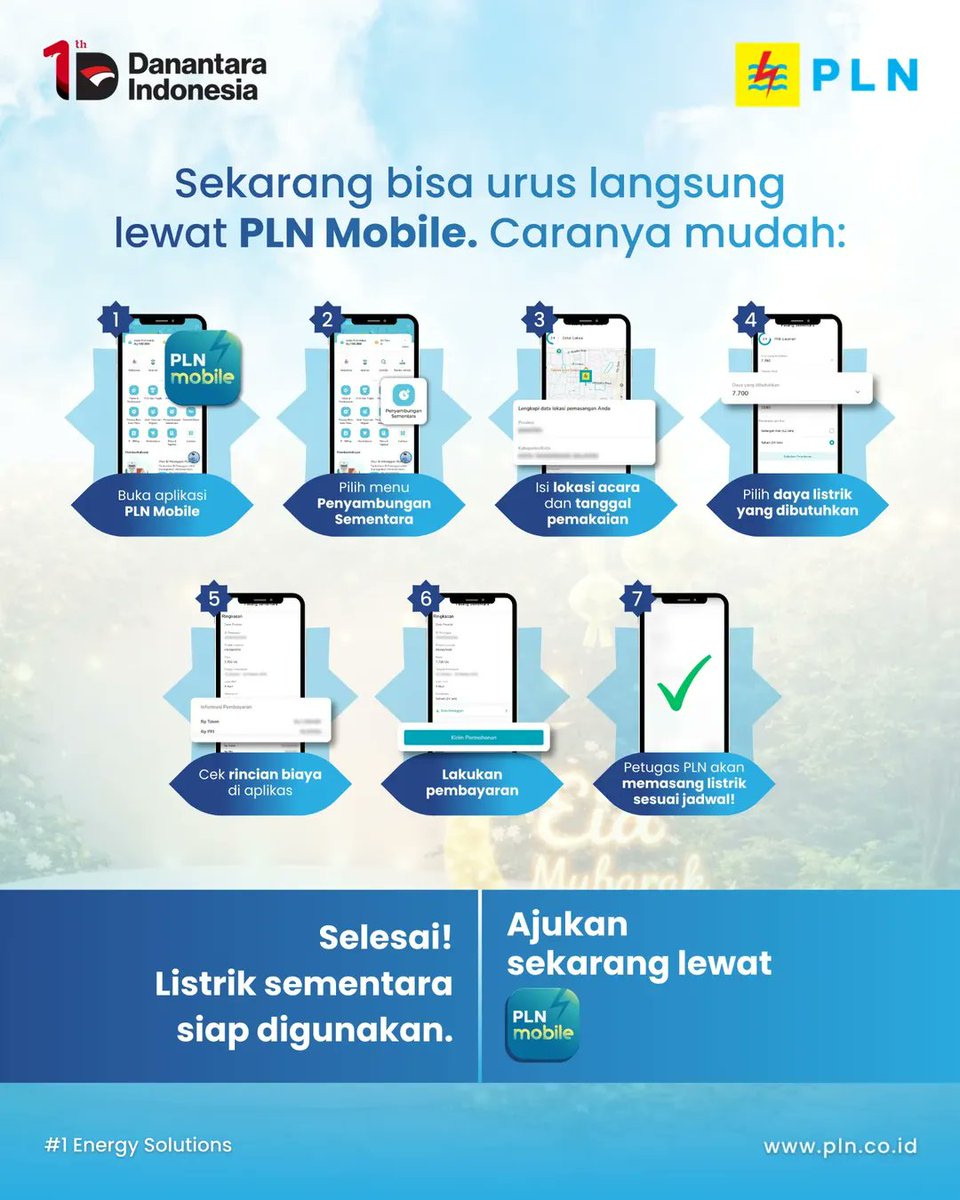 Electrizen

Sanak saudara datang, rumah ramai, suasana Lebaran makin meriah. Mau bikin acara? Pastikan listrik juga siap mendukung semuanya

Yuk ajukan Layanan PESTA di aplikasi PLN Mobile untuk tambahan kebutuhan listrik sementara saat Lebaran.

#PLNUntukSemua #PLNUntukIndonesia