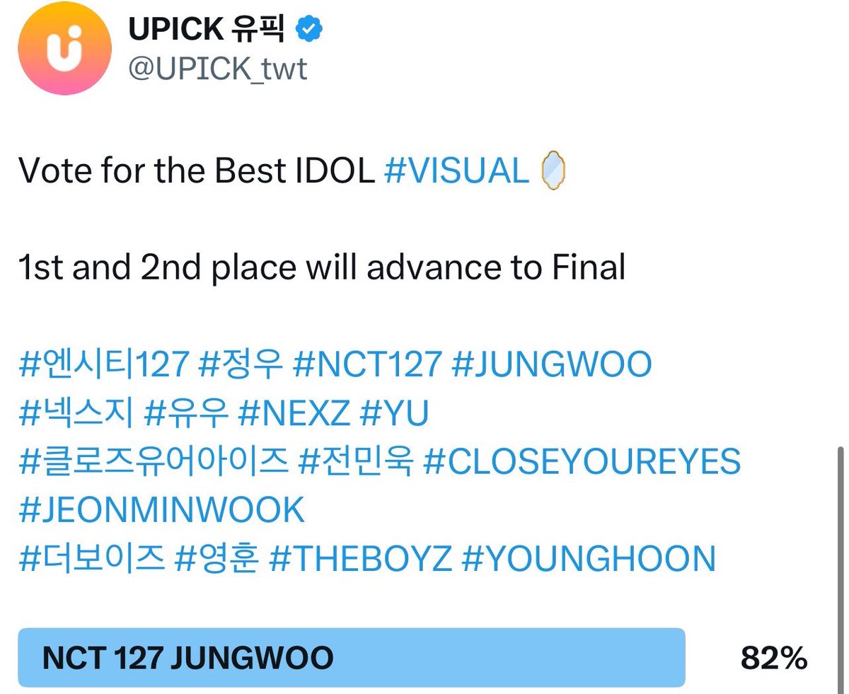 JUNGWOO_TH's tweet image. ✨ ผลพรีโหวต Best IDOL #Visual จองอูของพวกเราติดท็อปแล้ว‼️🐶

พรุ่งนี้ตั้งแต่เวลา 10:00 น. (🇹🇭) จะมี Final Vote ในแอพ Upick ❤️‍🔥

🏆อันดับที่ 1: ขึ้นป้าย Ads. Times Square Art Canvas ที่ยองดึงโพ

#โหวตจองอู
#정우 #JUNGWOO #จองอู #NCT