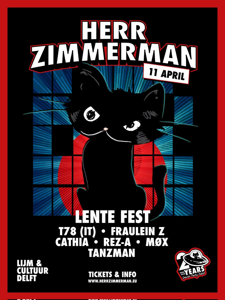 ☀️ HERR ZIMMERMAN LENTE FEST! - 20 YEARS SPECIAL!  komt er aan! 😻🎊 Zaterdag 11 April gaat t weer helemaal los! 😻

■ Line-up
T78 (Autektone, Italy)
Fraulein Z
TanzMan
Cathia (PL)
Rez-A
MØX

Lokatie: Lijm &amp; Cultuur,  Delft. 

■ Tickets: HerrZimmerman.eu