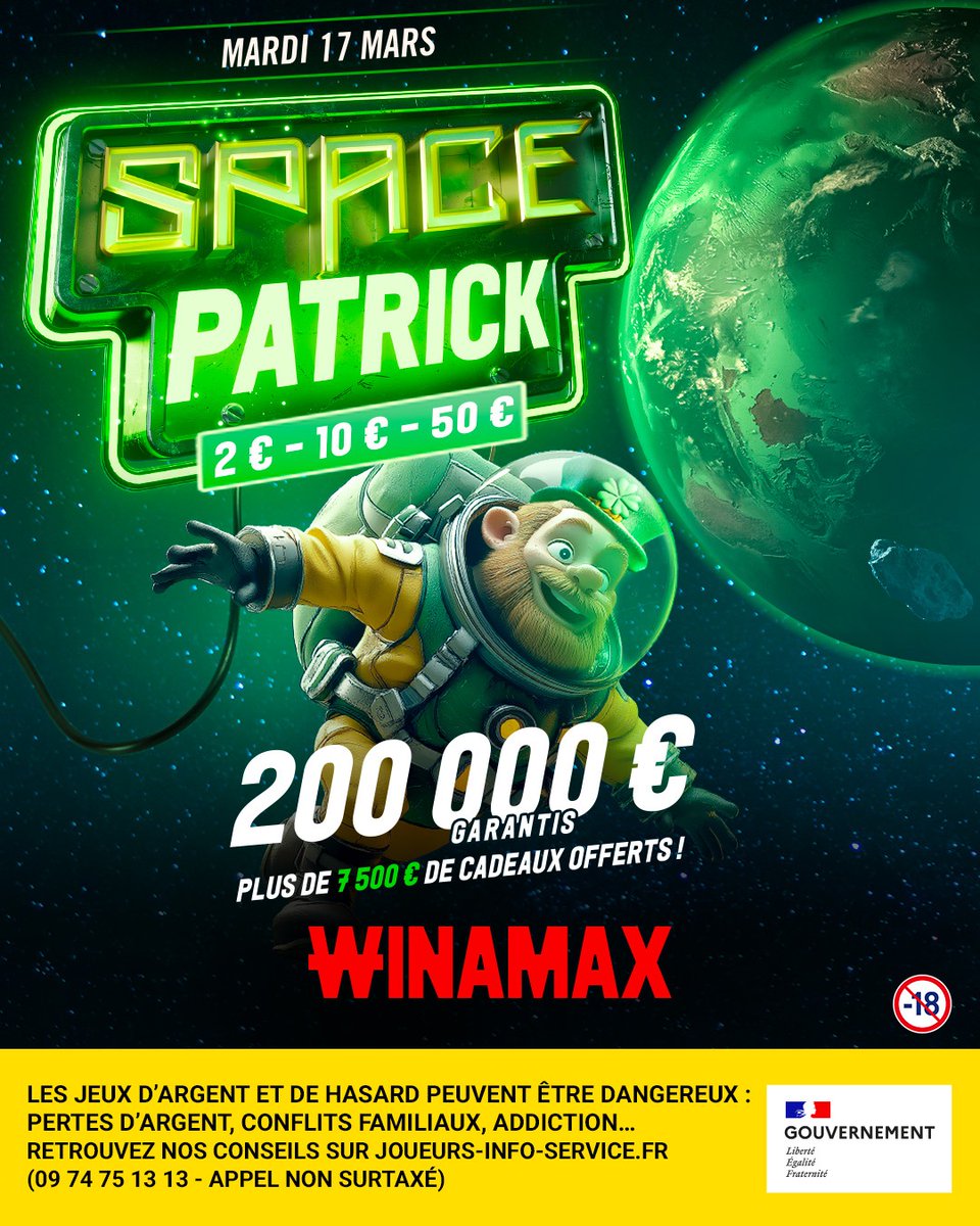 Winamax's tweet photo. ☘️ Des Tokens, des Patrick et des lots : on fête la Space Patrick avec nos tournois à 2 €, 10 € et 50 € !

🎁 On vous offre 3 tickets 10 € pour le jouer ce soir, tirage au sort à 17h.

✍️ Réponds en citant ton Patrick préféré + RT + Like + Follow + ton pseudo Winamax.