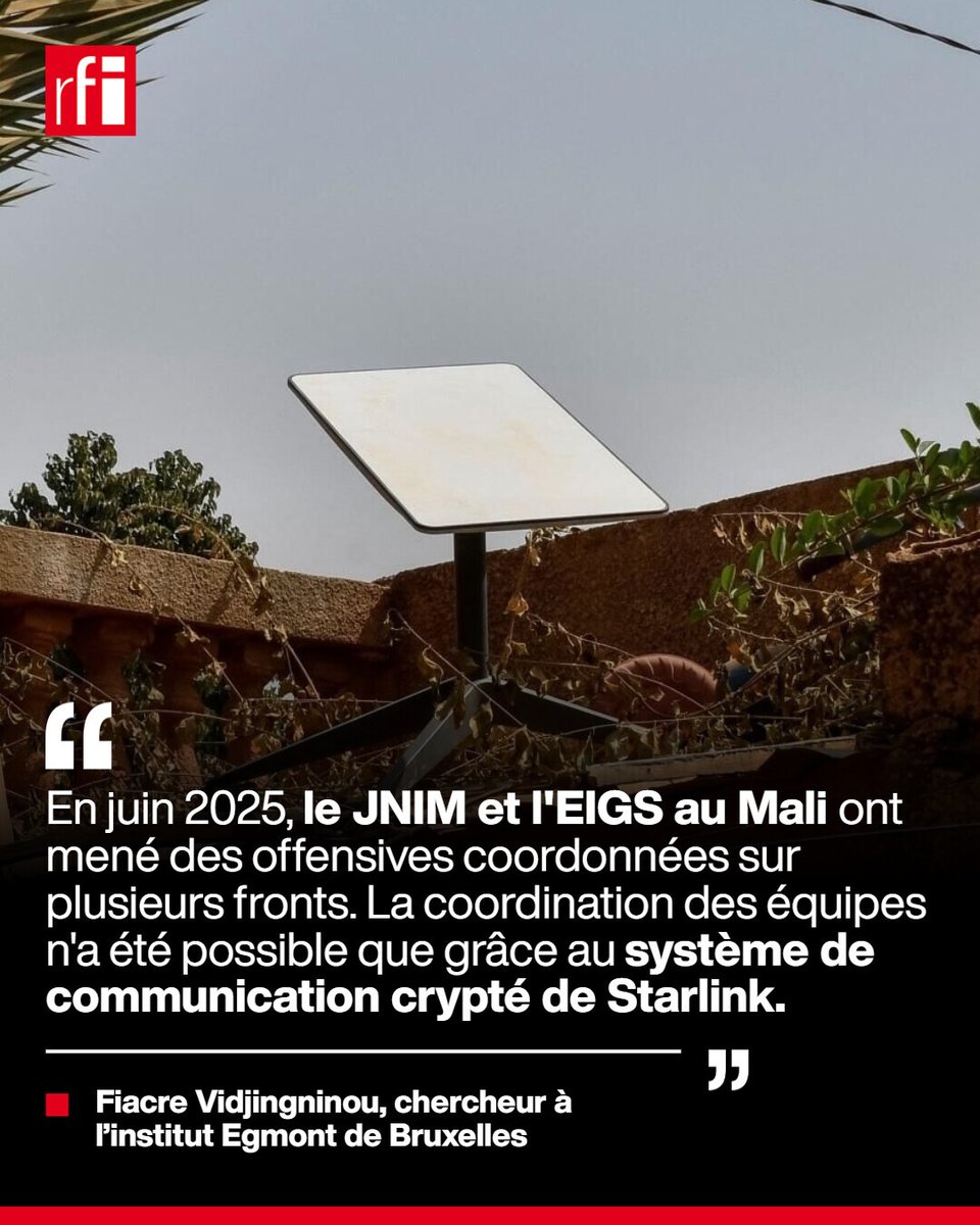 RFI's tweet photo. 🛰️ Le kit #Starlink a permis à les groupes armés du #JNIM et de l'#EIGS coordonner leurs attaques au #Mali via des communications cryptés. 

🎙️ Entretien avec le chercheur Fiacre Vidjingninou à réécouter en intégralité : [SHORTLINK] https://t.co/jb6JRKInoh