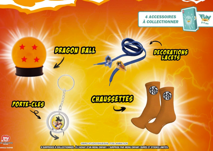 Retour de la collaboration entre <a href="/QuickFrance_/">Quick France</a>  et Dragon Ball Super.
quick.fr/temps-fort-dbs…
Menu 4-7ans : 
-Puzzle
-Speed Battle
-jeux de carte
-Bille

Menu 8-11 ans:
-Dragon Ball
-Décoration de lacet
-Chaussette 
-Porte Clef