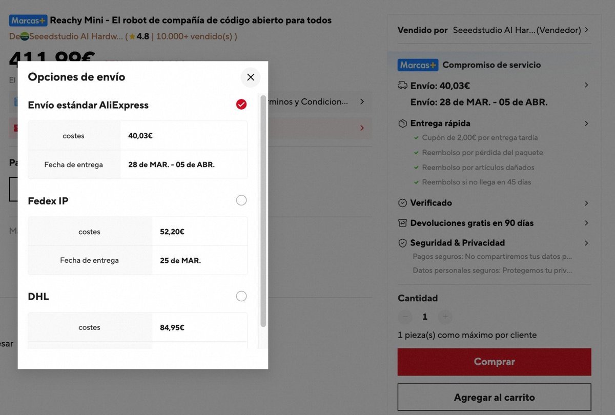Seeed Studio acaba de sacar el robot Reachy Mini en AliExpress MarcaPlus y ya está disponible en stock, nada de preventa.

¿Se le ha pasado esto a la comunidad de robótica?
#AliExpress #ReachyMini