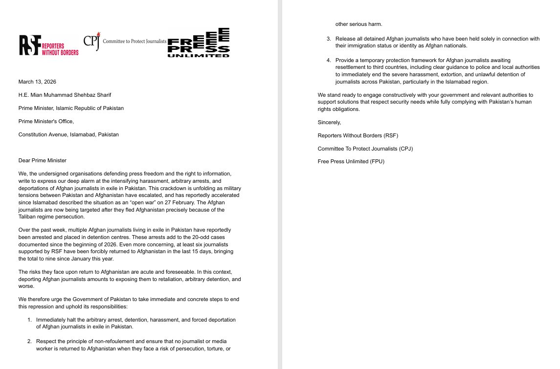 pressfreedompk's tweet image. Press freedom organizations express concern over the situation of Afghan journalists in exile in Pakistan, citing reports of arrests, detention &amp;amp; deportation. They call for measures to ensure safety, protection &amp;amp; respect for human rights obligations. 
#FreedomNetwork