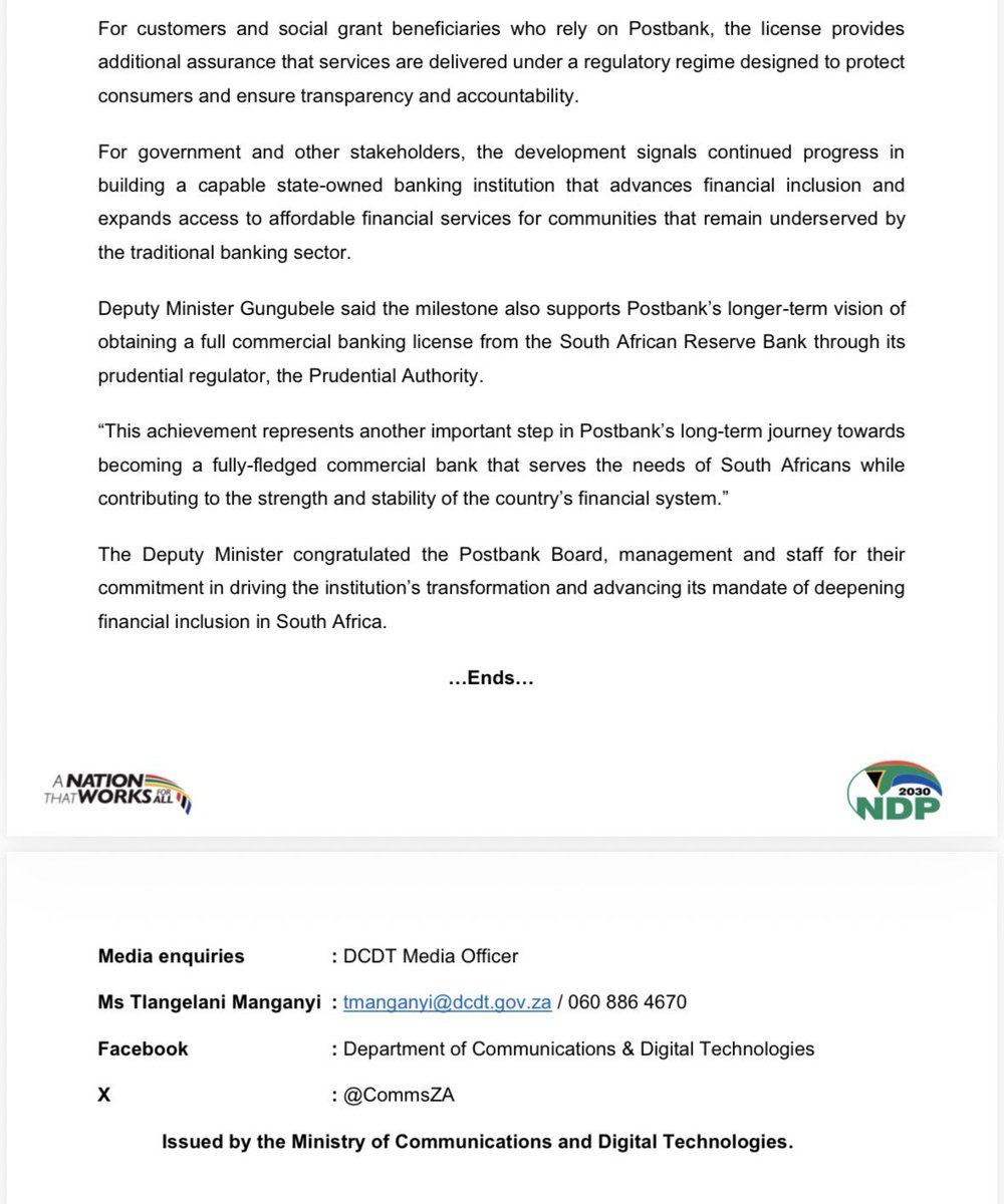 🚨 POSTBANK REGISTERED AS A LICENSED FINANCIAL SERVICES PROVIDER (FSP) WITH THE FINANCIAL SECTOR CONDUCT AUTHORITY 🚨

We welcome this momentous step towards <a href="/Postbank_ZA/">Postbank_SOC_Ltd</a> being a fully fledged state bank. 

#ANationThatWorksForAll
#LeaveNoOneBehind 🇿🇦