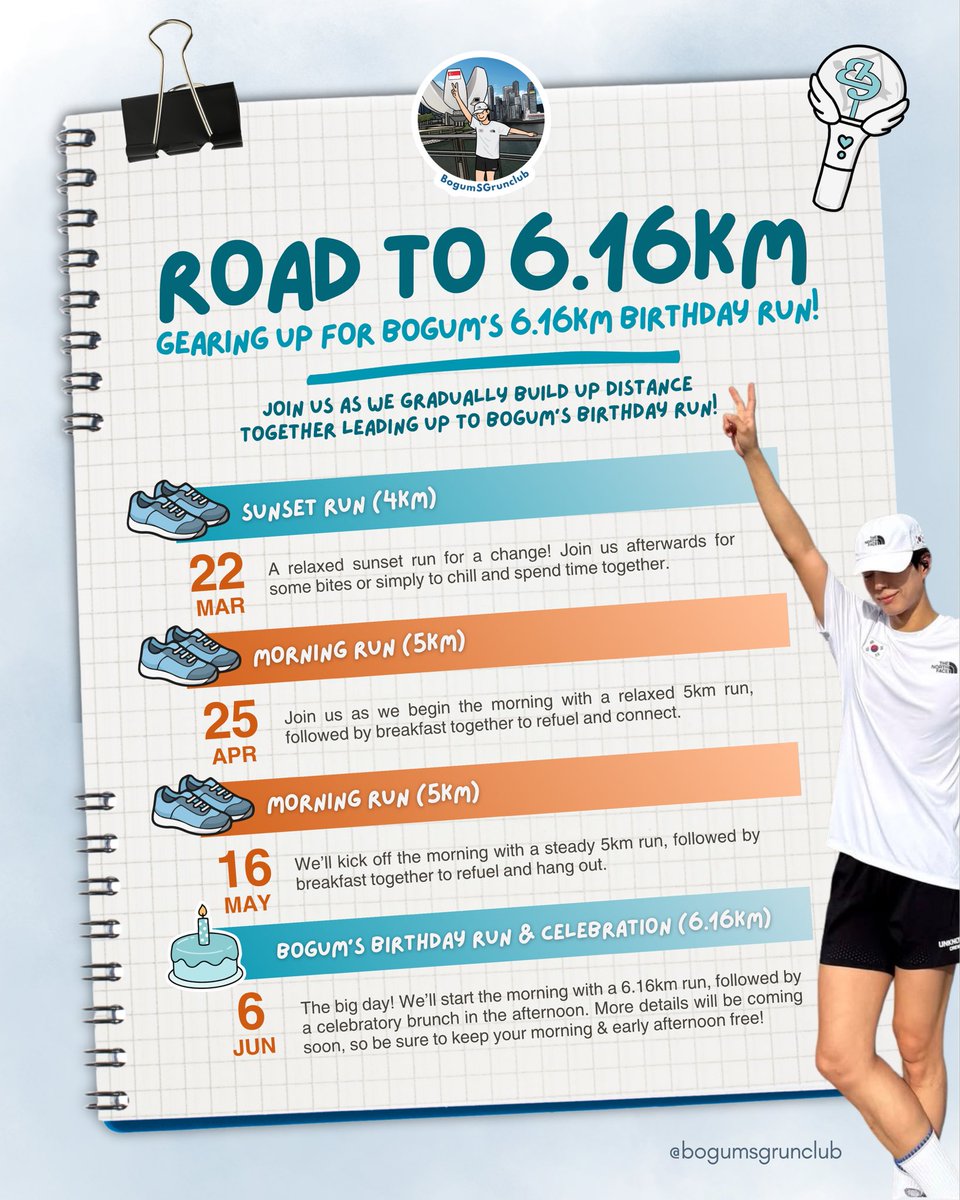 BogumSGRunClub's tweet photo. In celebration of @BOGUMMY upcoming birthday this June, we’ll be building up to a 6.16km run through a series of fun monthly community runs. No competition. No pressure. Just fans of different fitness levels coming together to move, laugh &amp; connect. Find out more on IG! #박보검 https://t.co/AnX10T0quy