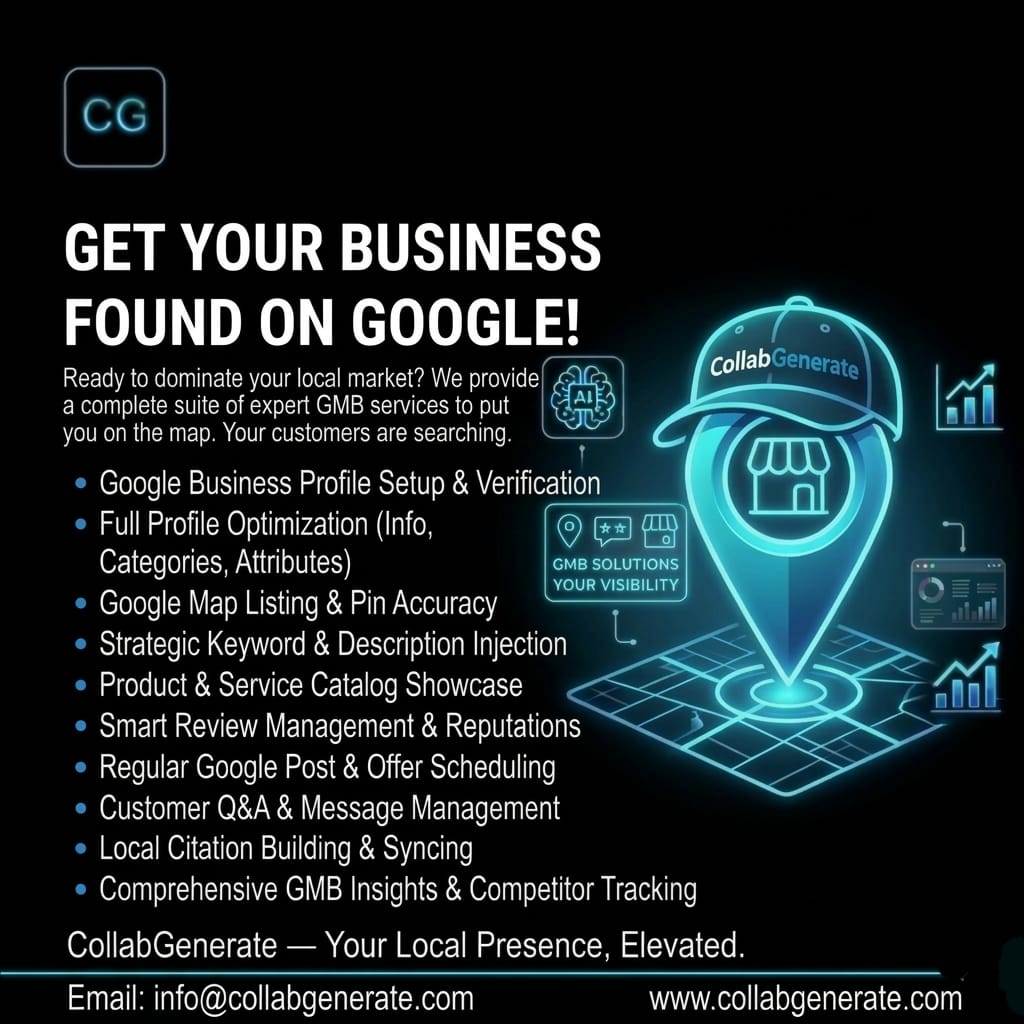 CollabGenerate's tweet photo. Local Search is the new storefront. 🏢📍

In 2026, if you aren't in the "Google 3-Pack," you don't exist to local buyers. CollabGenerate GMB suite ensures your profile is optimized for maximum visibility and keyword ranking.

#GMB #GoogleMyBusiness #AI #Google #CollabGenerate https://t.co/hEnKQDV6tu
