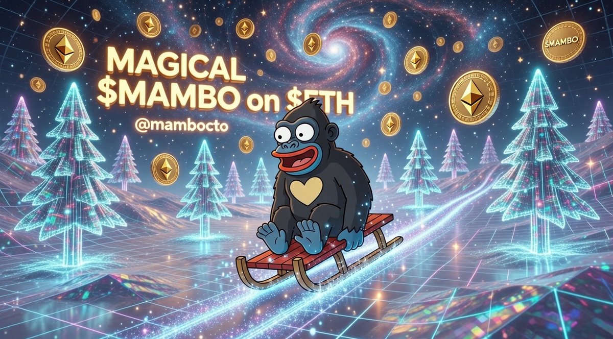 🦍🛷✨ **MAGICAL $MAMBO on $ETH** 🌌❄️    
Sledding through a cosmic winter wonderland, glowing neon trees everywhere, $ETH raining from the galaxy, heart full of pure joy! 

This happy gorilla just turned the blockchain into a magical gain ride 🔥❤️    

Who’s hopping on the