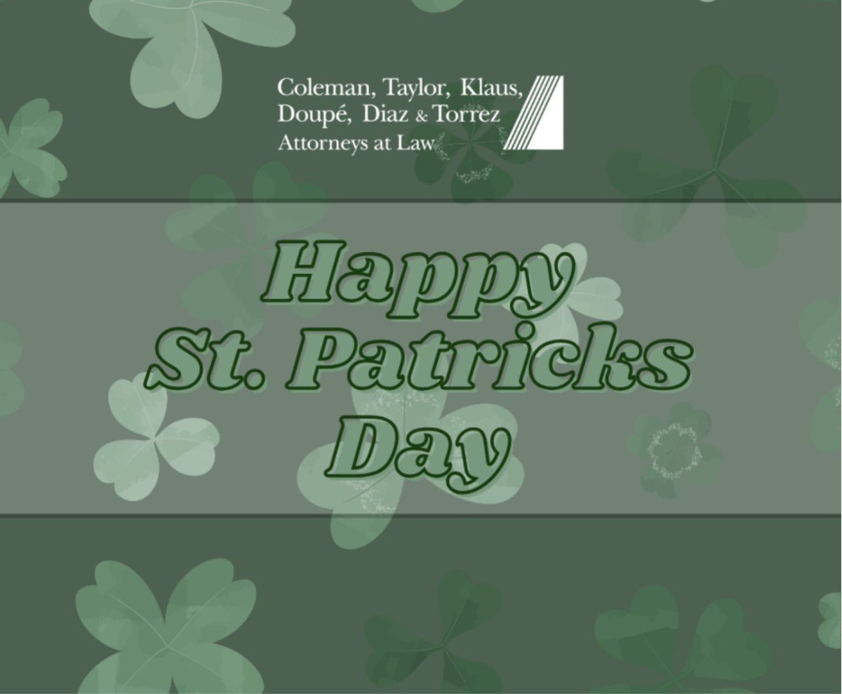 CTKDDTLaw's tweet photo. Happy St. Patrick's Day from the team at Coleman, Taylor, Klaus, Doupé, Diaz &amp; Torrez!

CTKDDT, Naples FL, Naples FL Attorneys, Family Law, Employment Law
#CTKDDT #NaplesFL #FamilyLaw #EmploymentLaw #TrustedCounsel https://t.co/Y8INouGypO