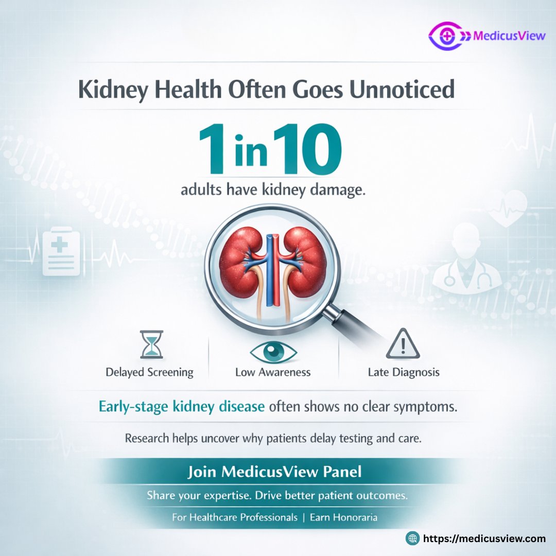 MedicusView's tweet photo. Chronic kidney disease (CKD) is more common than we think—and often silent in its early stages.

Join the community today: https://t.co/3eiht03t07

 #CKD #KidneyHealth #HealthcareResearch #PatientInsights #ClinicalResearch #MedicusView #HealthcarePanel #MedicalResearch https://t.co/ji0uj2LjJu