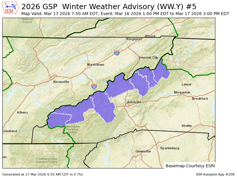 GSP extends time of Winter Weather Advisory for Avery, Graham, Haywood, Madison, Mitchell, Swain, Yancey [NC] till Mar 17, 3:00 PM EDT mesonet.agron.iastate.edu/vtec/f/2026-O-…