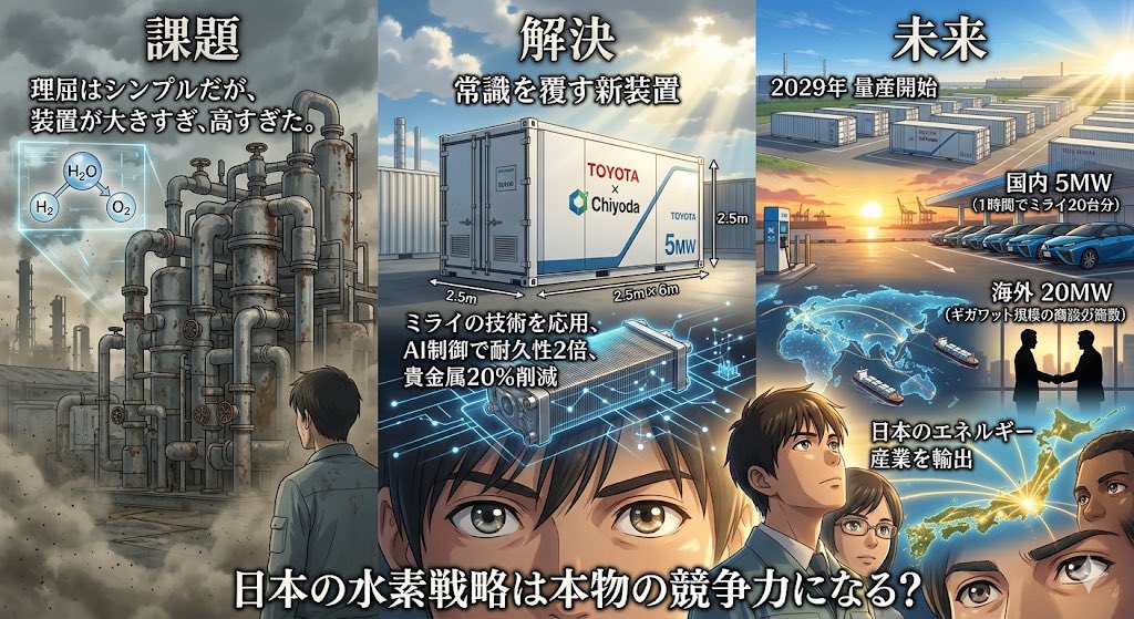 トヨタが今日、水素製造装置を2029年に量産開始すると正式発表しました。

水素は「水を電気分解するだけ」で作れます。太陽光や風力で発電した電気を使えば、CO2を一切出さないグリーン水素になる。理屈はシンプルなのに、装置が大きすぎて高すぎて普及しなかった。これがずっと課題でした。