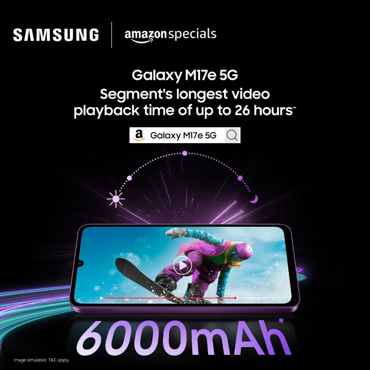 style_icon134's tweet photo. Power through your watchlist ⚡ Galaxy M17e 5G features a 6000mAh battery with 26 hours video playback. Starts ₹11,999. Sale begins March 20 on @amazonIN. #AllinOneMonster #GalaxyM17e #MonsterStunt #LoveForMonster #Samsung https://t.co/Q2O57bAXdw