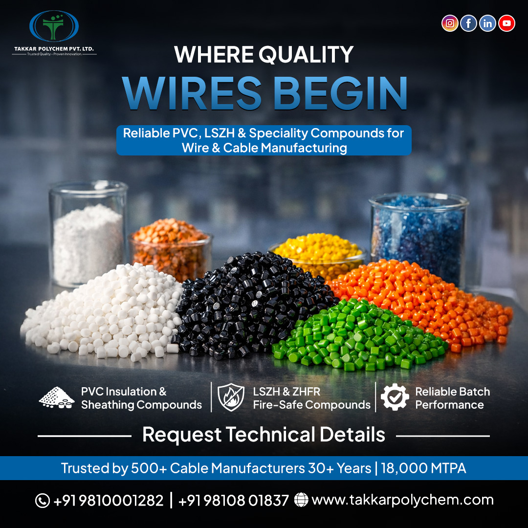takkarpolychem's tweet photo. Where quality wires begin-at the compound level.

PVC | LSZH | Specialty compounds
Reliable. Consistent. Fire-safe.
👉 Request technical details
#CableCompounds #WireAndCable #LSZH #PVC #PolymerEngineering #TakkarPolychem https://t.co/6WUo7ZxTpZ