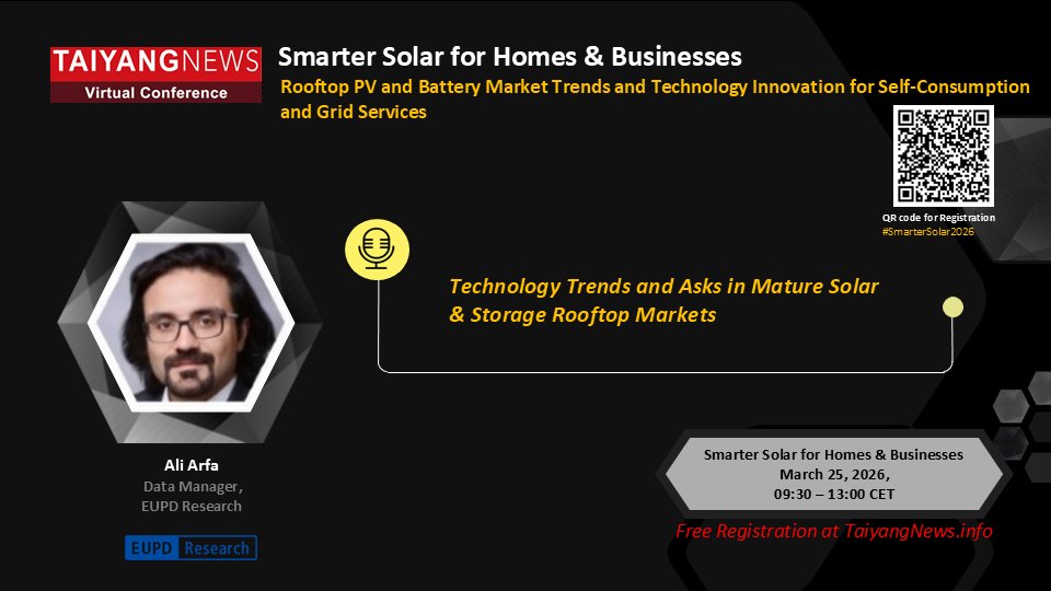 TaiyangNews's tweet image. 📢Catch Ali Arfa of EUPD Research on March 25, 2026 at @TaiyangNews Smarter Solar for Homes &amp;amp; Businesses Virtual Conference where he will talk about technology trends in mature ☀️ solar and storage rooftop markets. Register🆓👉bit.ly/4s0EmfI #SolarEnergy #SolarPV