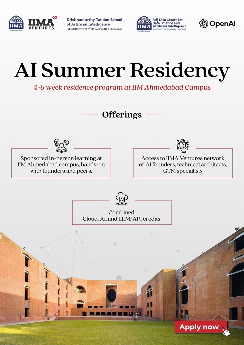 IIMAVentures's tweet photo. What if your summer was spent building AI at the @IIMAhmedabad  campus? A 4–6 week residency for STEM undergrads to work on real AI problem statements and build MVPs. Apply now: https://t.co/9QQH1XvxAe https://t.co/J4bKSdeMAB