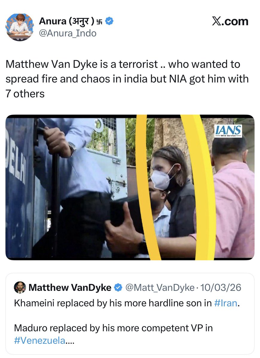 DrRajeshPatil20's tweet photo. Mathew Aaron Dyke is huge huge catch from India. 
He is a CIA mercenary who was instrumental in creating chaos in Libya, Ukraine, Venezuela. 
His role is to train terrorists and create chaos and do regime change. 
He was involved in Ukraine and recently in Venezuela and he was sent into India to create anarchy in NE of India using Kuki militants, evangelists, Indian traitors, Kanglu infiltrators and Ukrainian drone operators.

India has got him. 
He is David Headley Pro Max. 
I hope we unravel entire anti India network from him including enablers in India who allowed him to move to Mizoram, work with Kuki and other terrorists and conspirators.

Expect lot of traitors to go underground, to Bangladesh or run in arms of Soros. 

He will be tough nut to crack as he is hardened mercenary but then India has good interrogators.
@narendramodi @aravind @amitshah @NIA_India